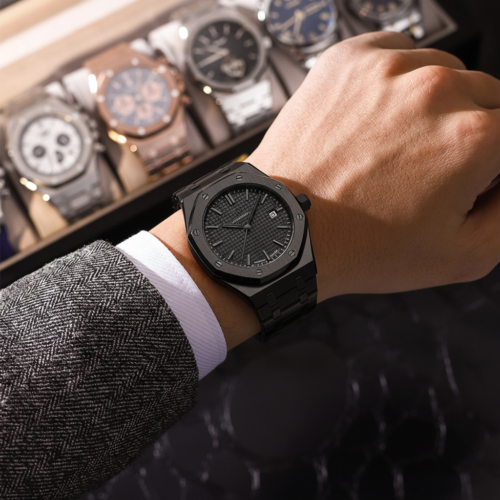 All-black luxury watch lifestyle shot