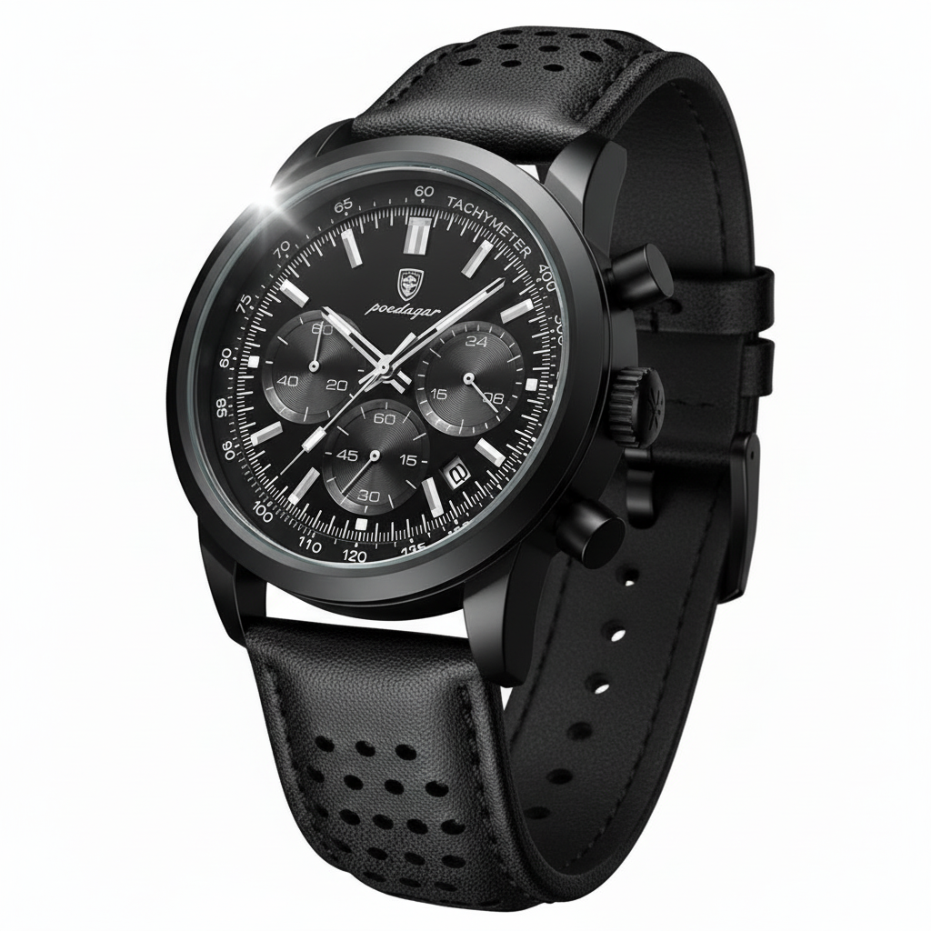 All black POEDAGAR chronograph on grey background