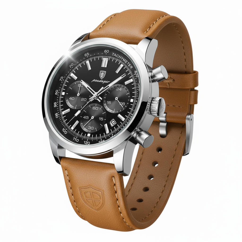 Black dial POEDAGAR chronograph on white background