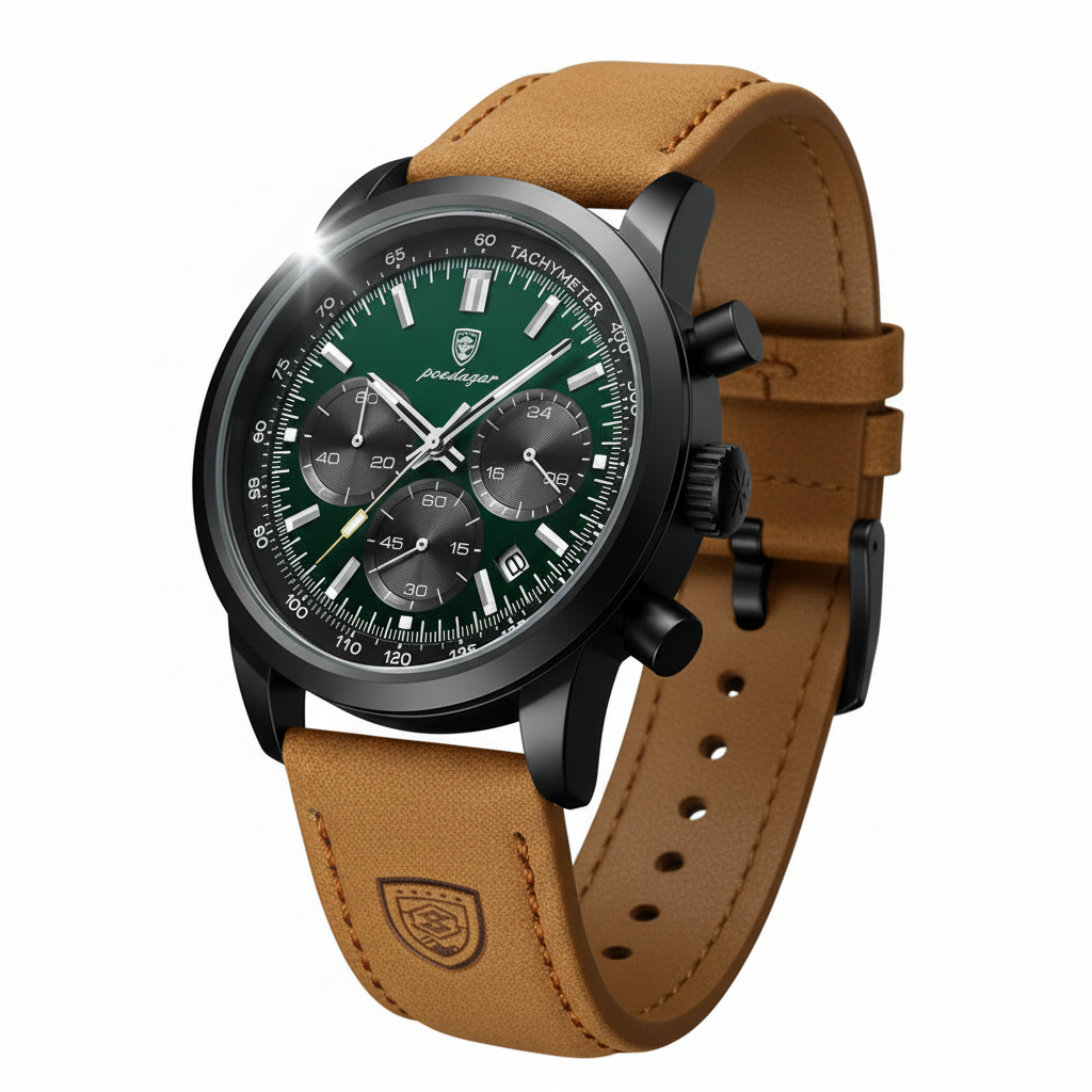 Green dial POEDAGAR chronograph on white background