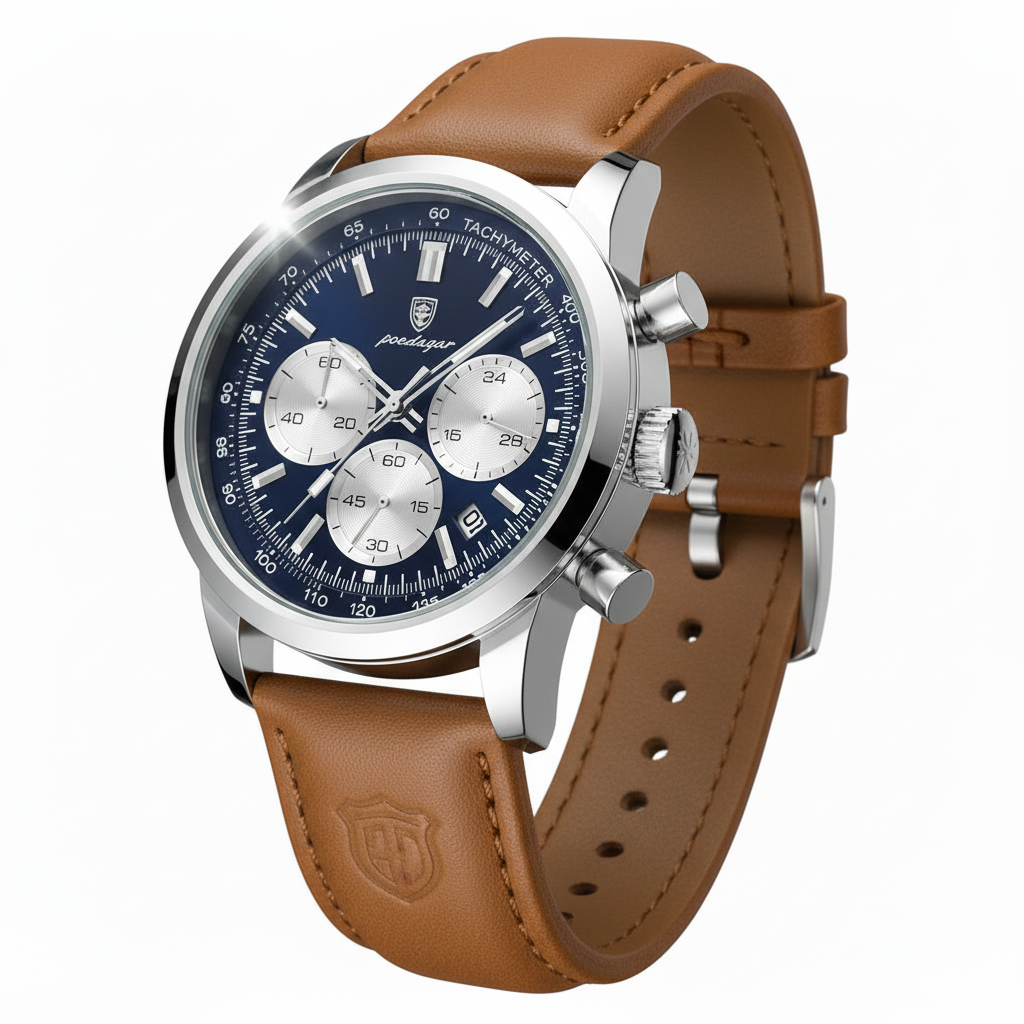 Navy blue dial POEDAGAR chronograph on white background