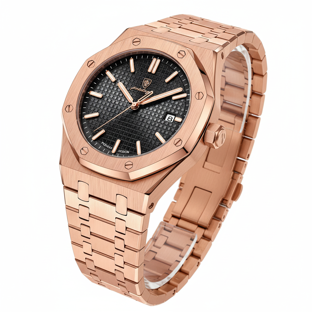 Rose gold watch black dial on white background