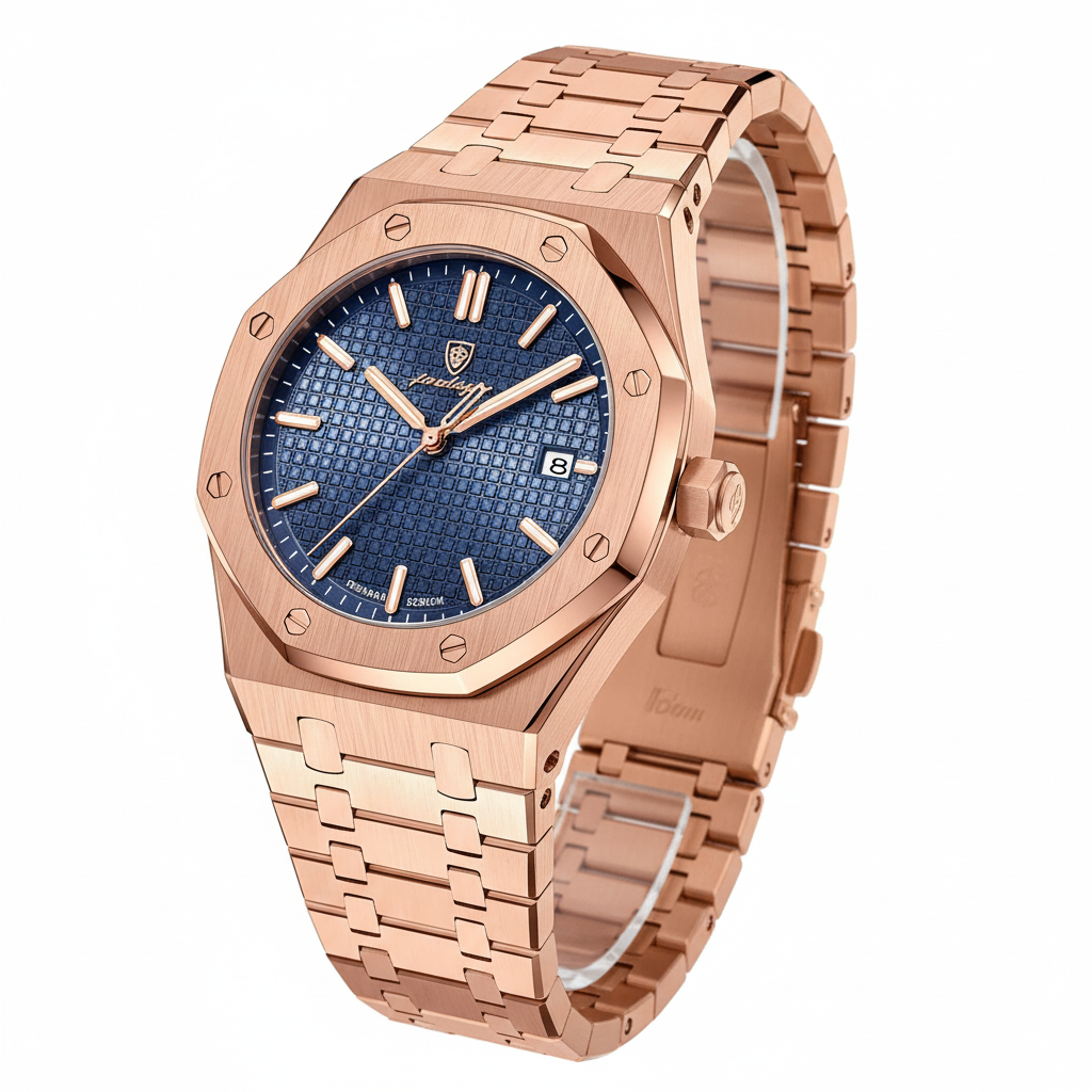 Rose gold watch navy blue dial on white background