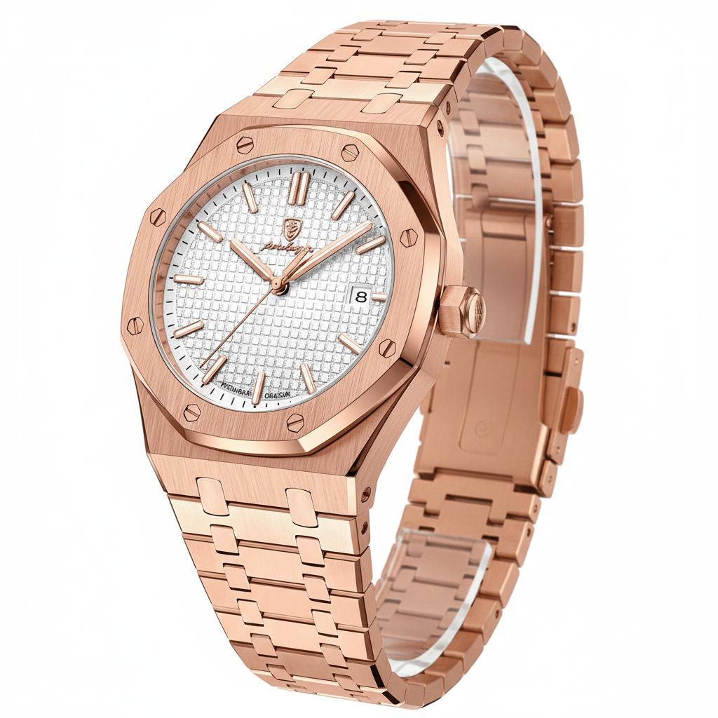 Rose gold watch white dial on white background