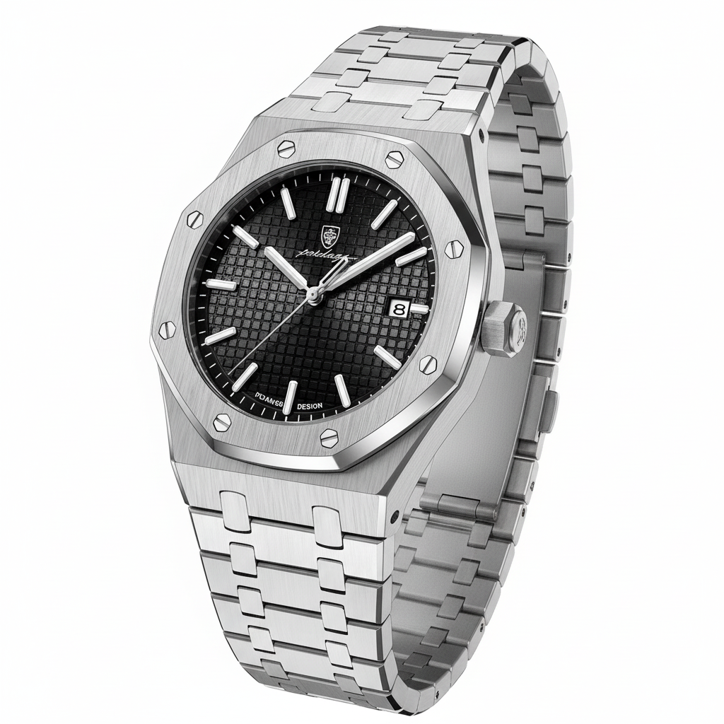 Stainless steel watch black dial on white background