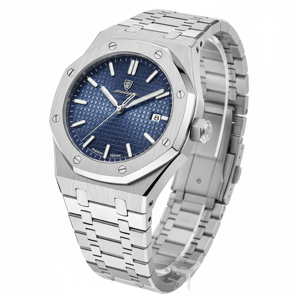 Stainless steel watch navy blue dial on white background