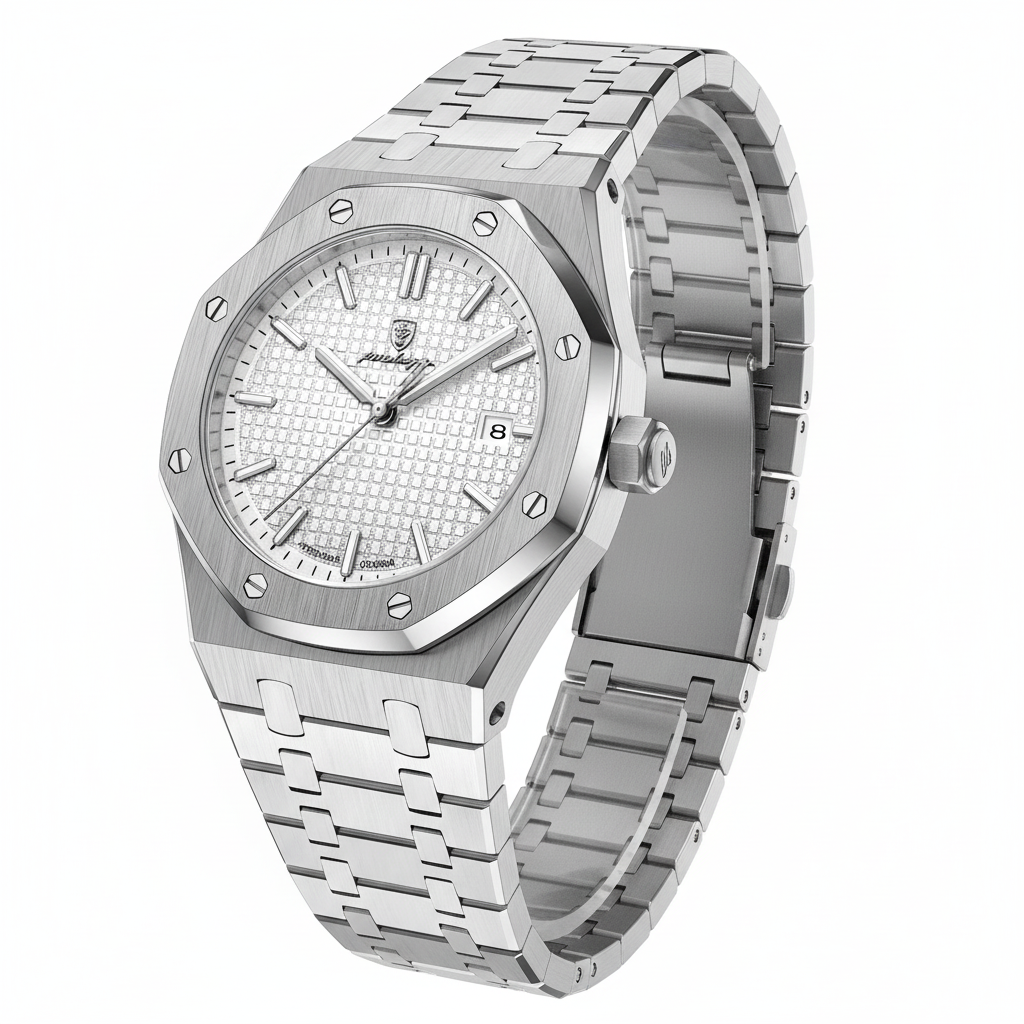 Stainless steel watch white dial on white background