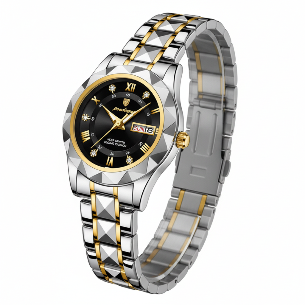 Women's watch black dial with gold on white background