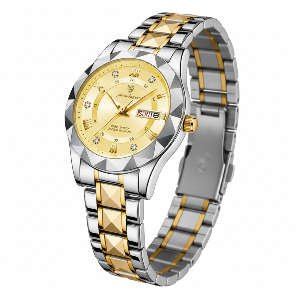 Women's watch gold dial on white background